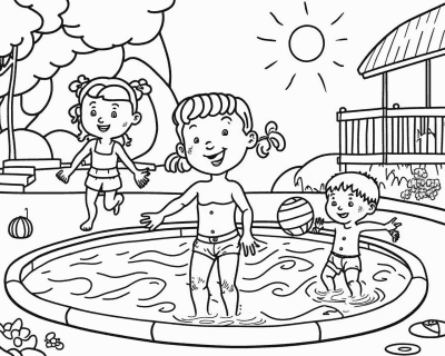Színező három fürdőruhás gyerekkel, akik egy kerek medencében labdával játszanak